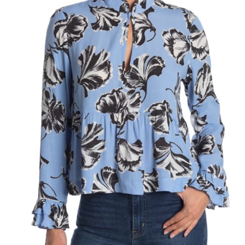 Ganni Mandarin Collar  Keyhole Printed Blouse